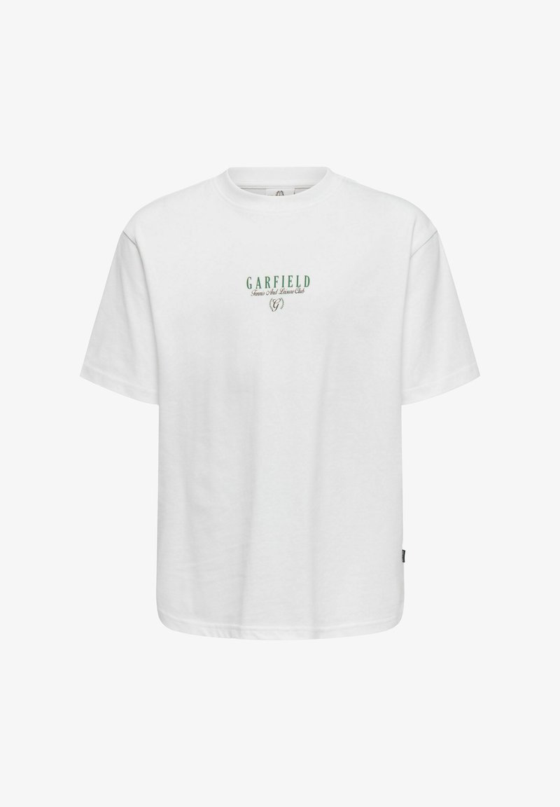 Λευκό κοντομάνικο T-shirt με πράσινο κείμενο «GARFIELD Tennis And Leisure Club» και μικρό διακοσμητικό «G» στο στήθος.
