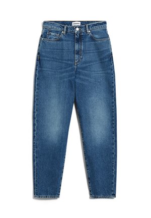 Blauwe denim jeans met een hoge taille, recht gesneden pijpen, vervaagde voorkanten en subtiele beschadigingen. Bevat klassieke vijf-pocket styling en knoopsluiting.