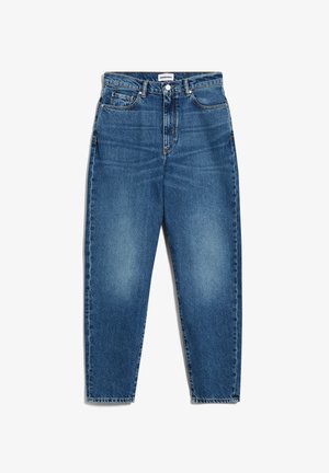 Blauwe denim jeans met een hoge taille, recht gesneden pijpen, vervaagde voorkanten en subtiele beschadigingen. Bevat klassieke vijf-pocket styling en knoopsluiting.