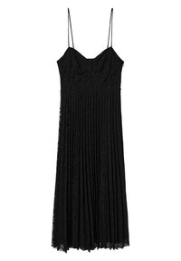 Černé šaty bez rukávů s krajkovým povlakem, skládací sukní a tenkými nastavitelnými ramínky; hladká textura a elegantní silueta.