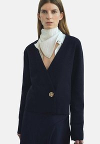 Námornícky pletený kardigán s hlbokým V-výstrihom, dlhými rukávmi a zlatým gombíkom v oblasti pása. Uložený na bielom košeli s pásikmi.