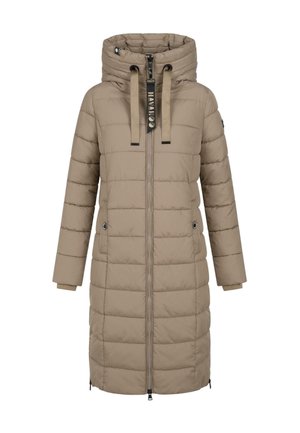 Manteau rembourré beige avec capuche, fermeture éclair à l'avant et poches latérales. Présente des sections matelassées et des poignets élastiques. Tissu lisse et durable.