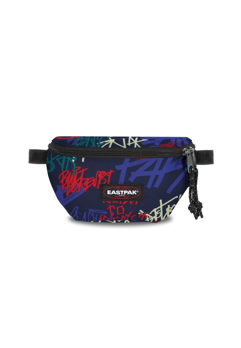 Sac banane Eastpak en noir, bleu et motif graffiti multicolore ; fermeture à zip ; sangle ajustable ; tissu résistant ; patch logo à l'avant.