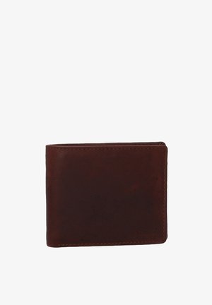Portefeuille en cuir marron, design bi-fold, texture lisse, couture visible, logo embossé dans le coin inférieur droit, forme compacte.