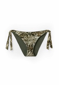 Bikiniunderdel i dämpad grön med ett mönstrat tyg i bruna och krämfärgade nyanser, med knyt-beslag och enslät yta.