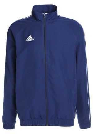 Blaue Trainingsjacke mit Reißverschluss, elastischen Bündchen und Saum, weißem Adidas-Logo auf der Brust und zwei weißen Streifen entlang der Schultern.