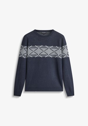 Marineblauer Pullover aus Strickstoff mit einem strukturierten Design. Verfügt über ein weißes geometrisches Muster auf der Brust und gerippte Kanten.