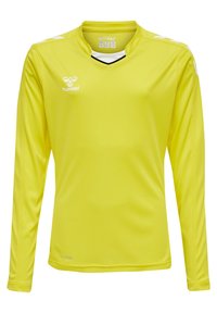Langarm sportshirt in felgeel, gemaakt van een gladde, lichte stof met een V-hals, voorzien van witte accenten en een logo.
