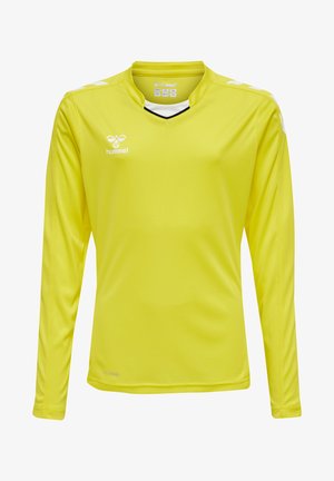 Langärmliges Sport-Shirt in leuchtendem Gelb, hergestellt aus glattem, leichtem Material mit V-Ausschnitt, mit weißen Akzenten und Logo.
