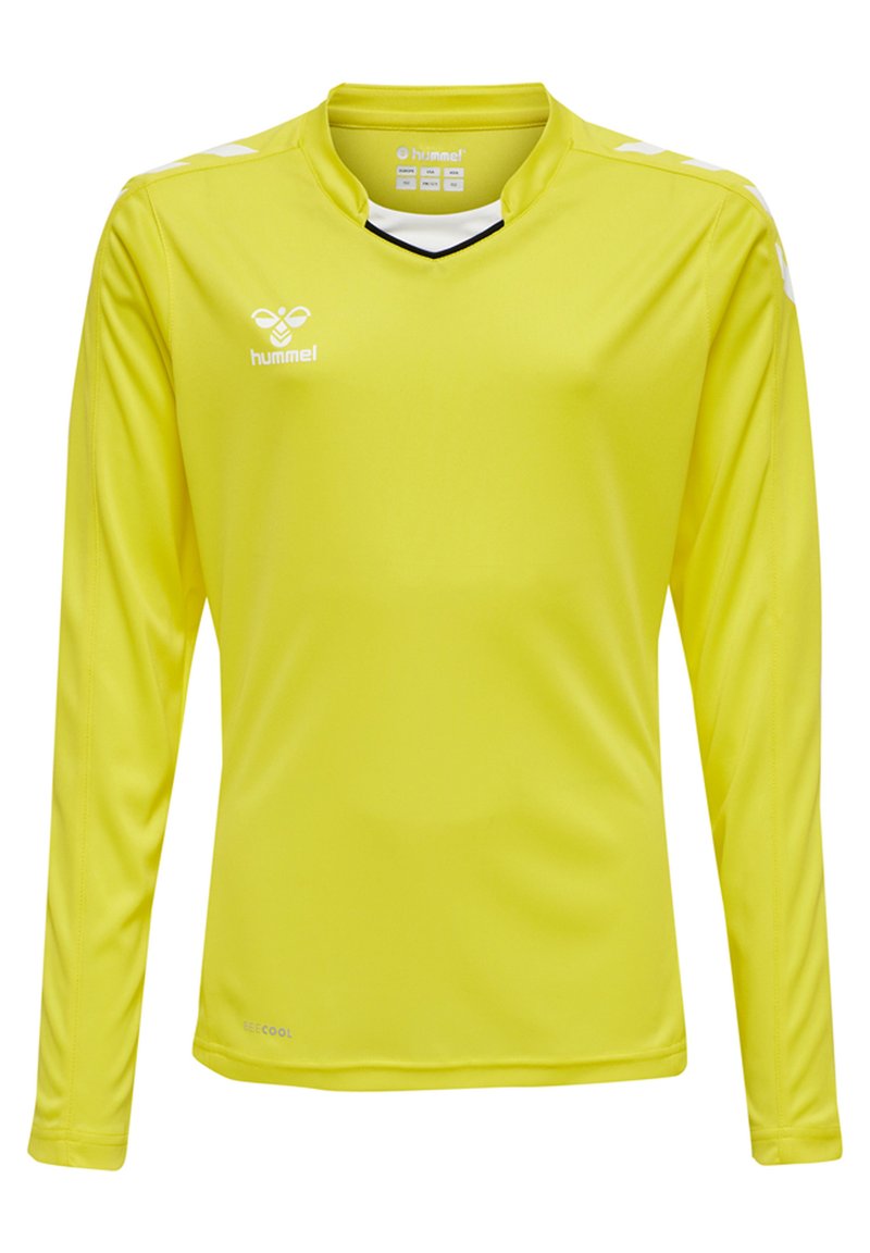 Langärmliges Sport-Shirt in leuchtendem Gelb, hergestellt aus glattem, leichtem Material mit V-Ausschnitt, mit weißen Akzenten und Logo.