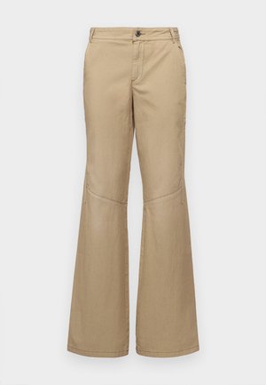 Beige wide-leg trousers with a button closure, front and side pockets, and stitching details, made from a lightweight, textured fabric.