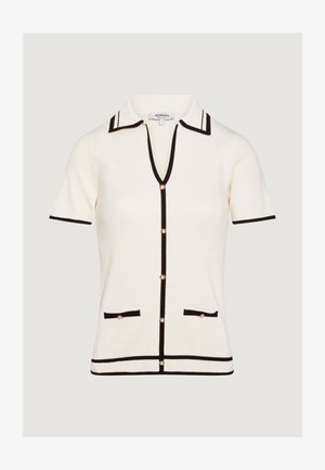 Cardigan crema a maniche corte con bordi neri, bottoni a perla, colletto e due tasche frontali, taglia small.