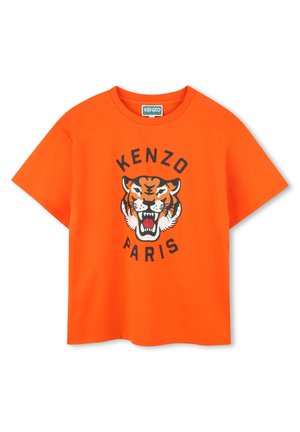 Oranje katoenen T-shirt met een zwarte tijgerafbeelding en de tekst "KENZO PARIS" in vette letters onder het ontwerp. Korte mouwen, ronde halslijn.