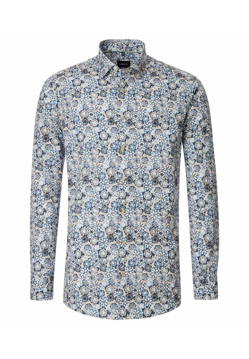 Langärmeliges Hemd mit einem Blumenmuster in Blau, Creme und Dunkelmarine. Der Stoff ist glatt und hat einen Button-Down-Kragen sowie einen abgerundeten Saum.