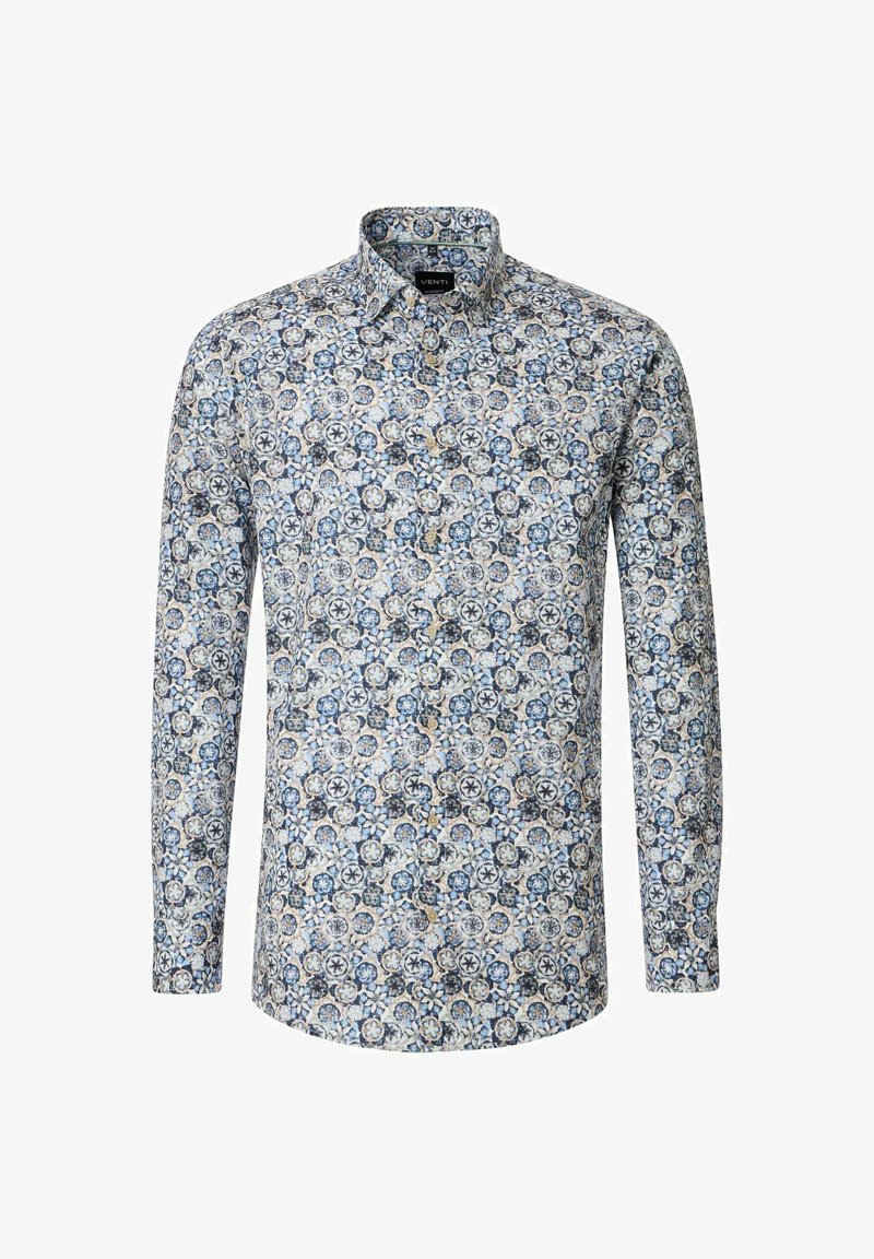 Langärmeliges Hemd mit einem Blumenmuster in Blau, Creme und Dunkelmarine. Der Stoff ist glatt und hat einen Button-Down-Kragen sowie einen abgerundeten Saum.