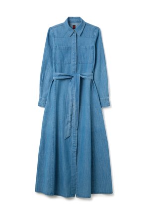 Denim shirt dress in light blue, featuring long sleeves, two chest pockets, and a waist tie. The skirt flows to mid-calf length.