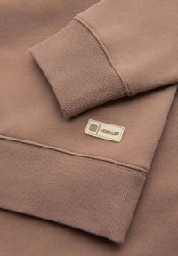 Brauner Sweatshirt aus einem strukturierten Baumwollmix, mit gerippten Bündchen und einem rechteckigen Textilschild mit dem "LEVEL UP"-Logo in der unteren rechten Ecke.