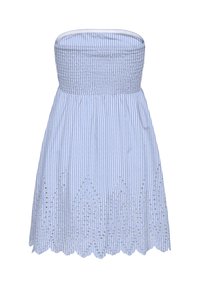Robe sans bretelles rayée verticalement bleu et blanc avec corsage smocké et ourlet festonné en dentelle ajourée.