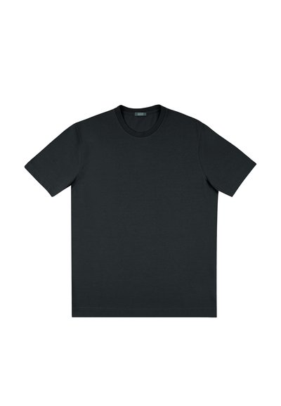 T-shirt noir à manches courtes en coton doux, avec un col rond classique et une coupe décontractée sans motifs ni embellissements visibles.