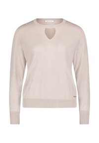 Pull léger beige clair avec un col rond et un détail en forme de clé. Manches longues, ourlet côtelé, texture lisse et finition légèrement brillante.