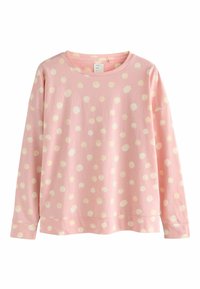 Hellrosa Langarm-Sweatshirt aus weicher Baumwolle mit einem Muster aus cremefarbenen Punkten und einem entspannten Schnitt.