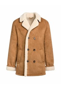 Brązowy płaszcz w stylu shearling z kremowym kołnierzem z sztucznego futra, podwójnymi guzikami i bocznymi kieszeniami. Miękka tekstura i luźny krój.