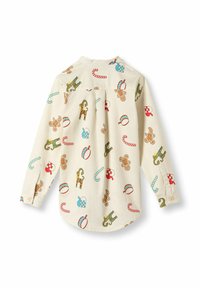 Cămașă cu mânecă lungă, cu un fundal crem, având modele colorate cu oameni de turtă dulce, bețe de zahăr și ornamente festive.