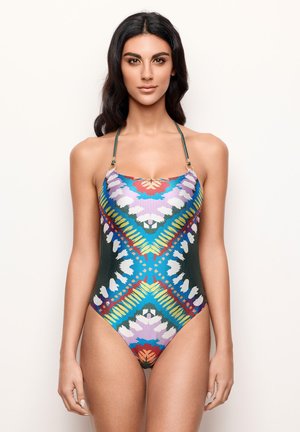 Maillot de bain une pièce avec un design coloré et à motifs, comprenant des accents verts, bleus, roses et jaunes, des bretelles réglables et une texture côtelée.