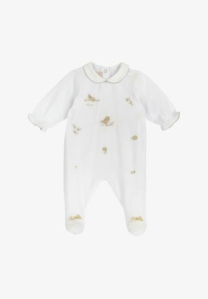Romper bianco per neonati con colletto rotondo, uccelli ricamati in oro e dettagli floreali, maniche a sbuffo e accenti di fiocchi dorati sui piedi.