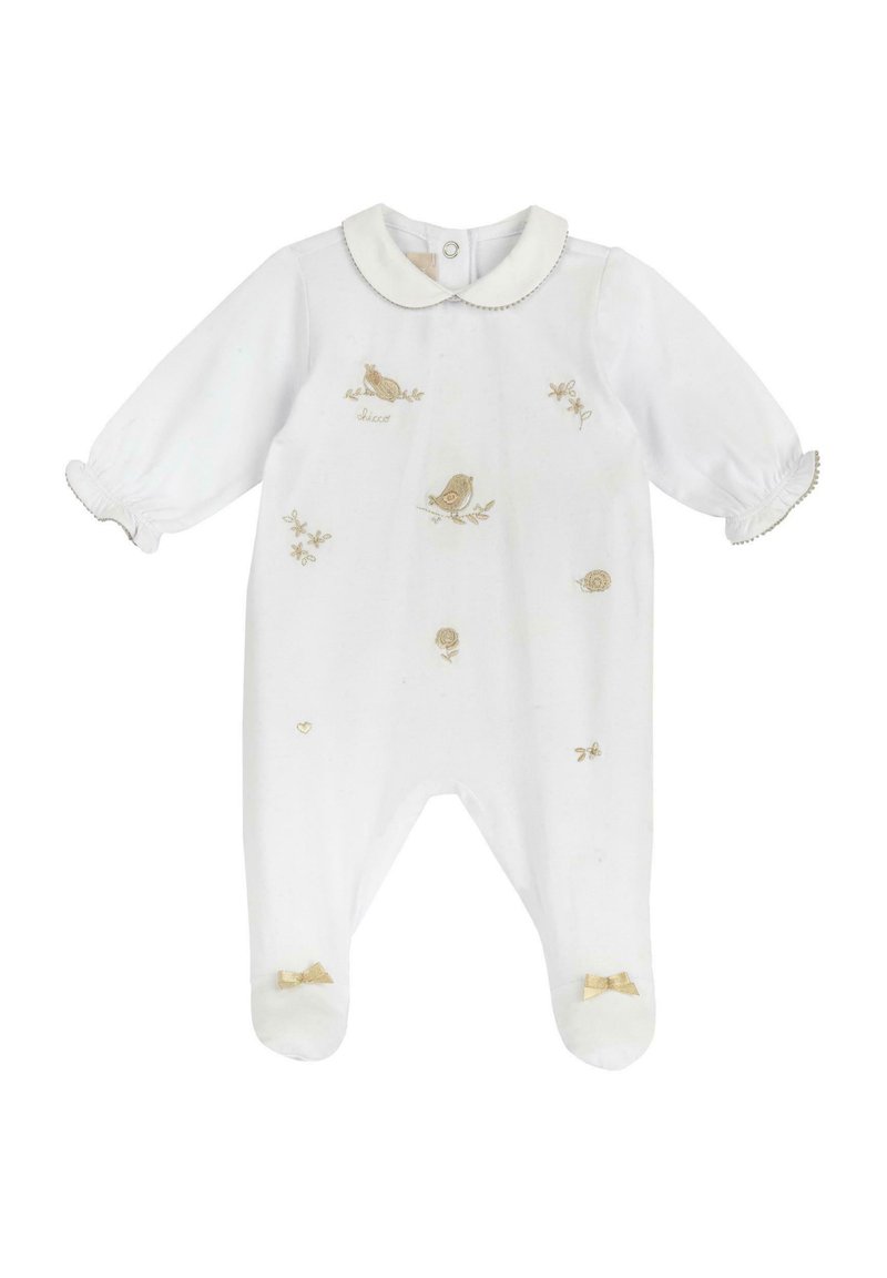 Romper bianco per neonati con colletto rotondo, uccelli ricamati in oro e dettagli floreali, maniche a sbuffo e accenti di fiocchi dorati sui piedi.