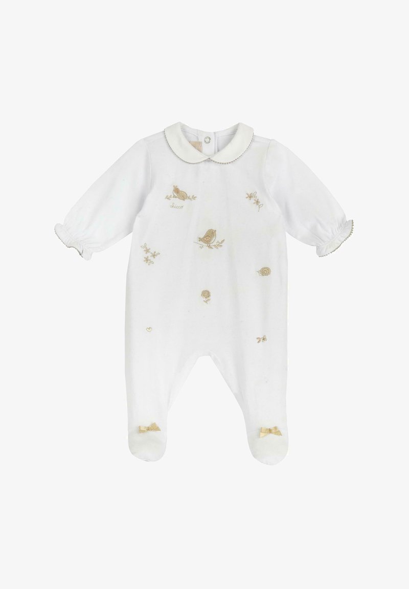 Romper bianco per neonati con colletto rotondo, uccelli ricamati in oro e dettagli floreali, maniche a sbuffo e accenti di fiocchi dorati sui piedi.