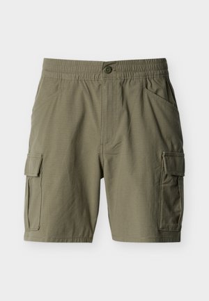 Oliven grønne cargoshorts med elastisk linning, knaplukning, to sidelommer og to klaplommer på hver ben.