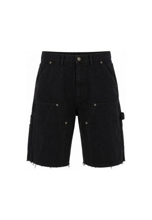Short en denim noir longueur genou, avec un bouton à la taille, de grandes poches utilitaires, des pattes latérales et des ourlets effilochés.