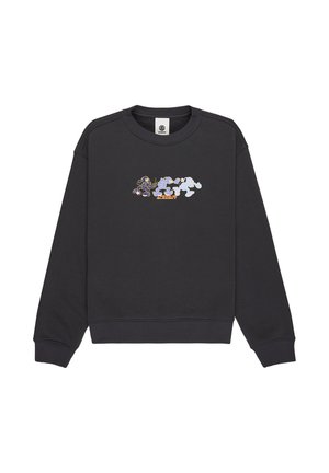 Musta huppari, jossa on ribbed hihansuut ja helma. Edessä on värikkäitä painettuja sarjakuvahahmoja. Valmistettu pehmeästä puuvillamateriaalista.