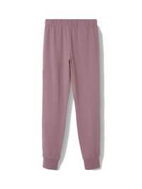 Light pink, soft fabric joggers with a relaxed fit, elastic waistband, and ribbed cuffs. Smooth texture, no patterns or hardware visible.