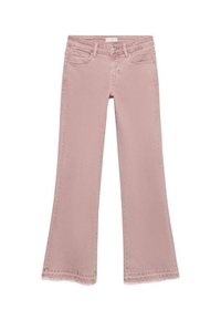Ljust rosa denimflare jeans med en klassisk femficksdesign, utan sömmar i midjan och subtila sömnadsdetaljer.