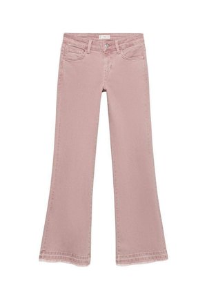 Helle rosa Jeans im Schlagstil mit klassischem Fünf-Taschen-Design, nahtlosem Bund und dezenten Nähdetails.