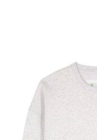 Hellgrauer Sweatshirt mit rundem Halsausschnitt und überschnittenen Schultern. Weicher, strukturierter Stoff mit minimalem Branding in der Nähe des Kragens.