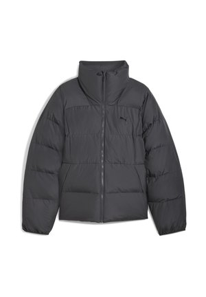 Schwarze Daunenjacke mit hohem Kragen, Reißverschluss, gestepptem Muster und kleinem Puma-Logo auf der linken Brustseite.