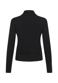 Pull-over noir à manches longues avec col, poignets et ceinture côtelés, montré de dos sur fond blanc.