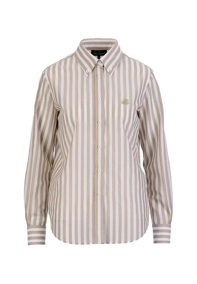 Long-sleeve beige and white vertical striped button-up shirt with a pointed collar and small embroidered logo on the chest.