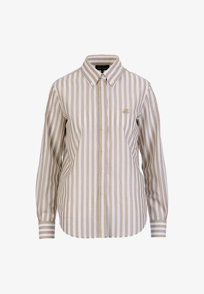 Long-sleeve beige and white vertical striped button-up shirt with a pointed collar and small embroidered logo on the chest.