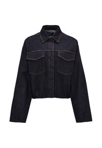 Veste en denim foncé, cropped, avec un col pointu, des poches poitrine à l'avant et des coutures contrastantes. Dotée de manches longues et d'une coupe légèrement ample.