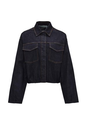 Veste en denim foncé, cropped, avec un col pointu, des poches poitrine à l'avant et des coutures contrastantes. Dotée de manches longues et d'une coupe légèrement ample.