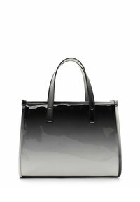 Elegancka torebka w gradientzie czerni i szarości, z dwoma uchwytami na górze oraz prostokątnym, strukturalnym kształtem na białym tle.