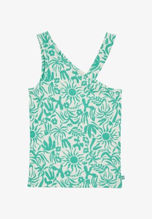 Zöld mintás ujjatlan felső bordázott textúrával és aszimmetrikus pántokkal, növényi mintákkal világos háttéren.