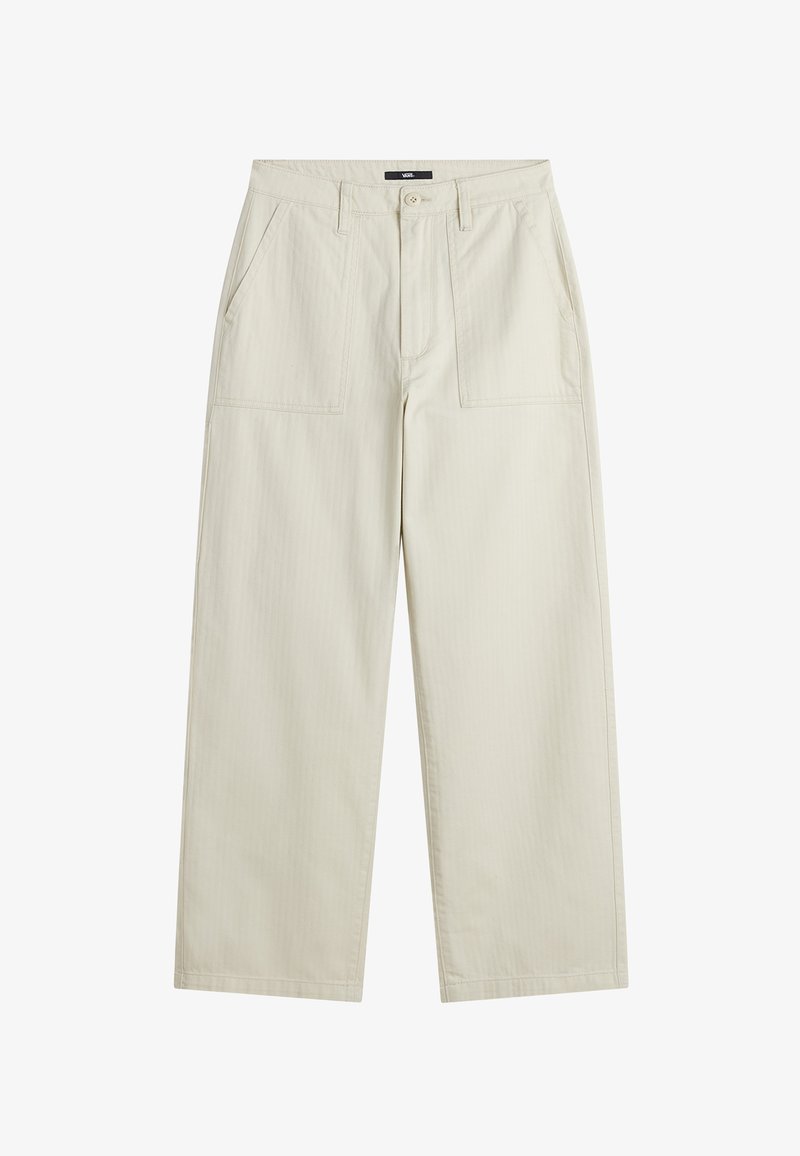 Pantalons larges de couleur crème en tissu texturé. Présente deux poches avant et une fermeture à bouton. Coupe droite à l'ourlet.