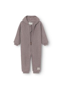 Fleece-Einteiler in gedämpftem Mauve mit einem Reißverschluss auf der Vorderseite, Kapuze, langen Ärmeln und gerippten Bündchen; verfügt über einen strukturierten Stoff und ein kleines Etikett.