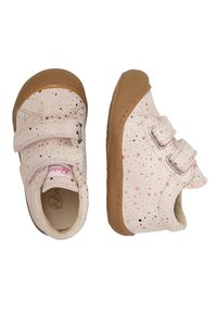 Světle růžové dětské boty s tečkovaným vzorem, vybavené dvojitými suchými zipy a hnědou gumovou podrážkou. Měkký materiál s zaobleným designem.