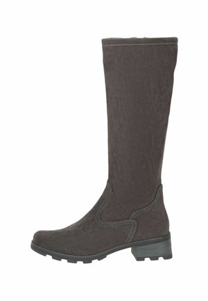 Knee-high gray suede boots with a block heel. Features decorative stitching on the sides and a smooth texture.